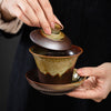 Handmade Ceramic Gaiwan with Saucer, Rustic Brown Glaze