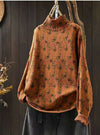 Women's Knitted Plant Pattern Long Sleeve Mock Neck Cotton Sweater