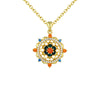 Close up of a gold-tone sterling silver necklace with a colorful lotus pendant