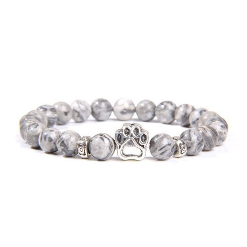 Silver paw print charm bracelet with grey marbled stone beads