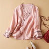 Embroidered Linen Wrap Top with Floral Trim