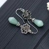 Magnolia Flower Water Drop Dangle Earrings, Silver Tone with Faux Jade