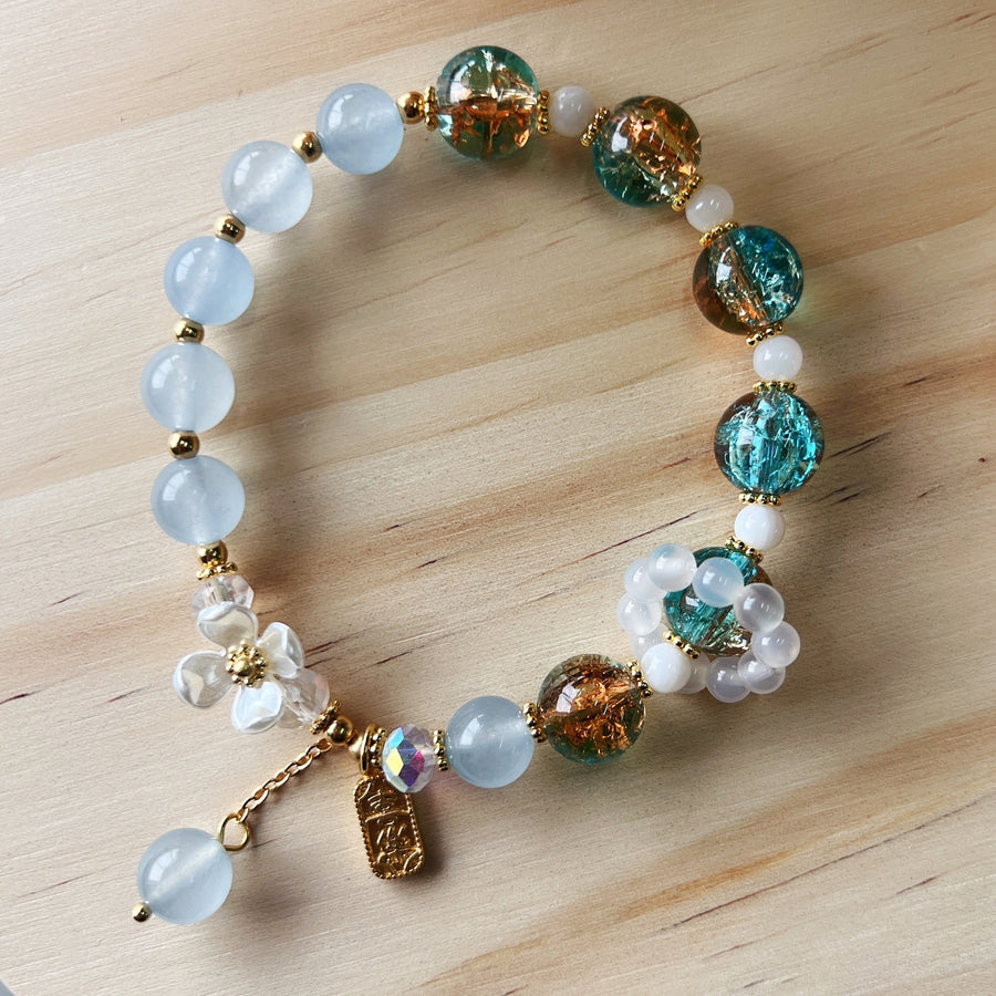 Chalcedony and Glass Bead Bracelet with Flower Charm