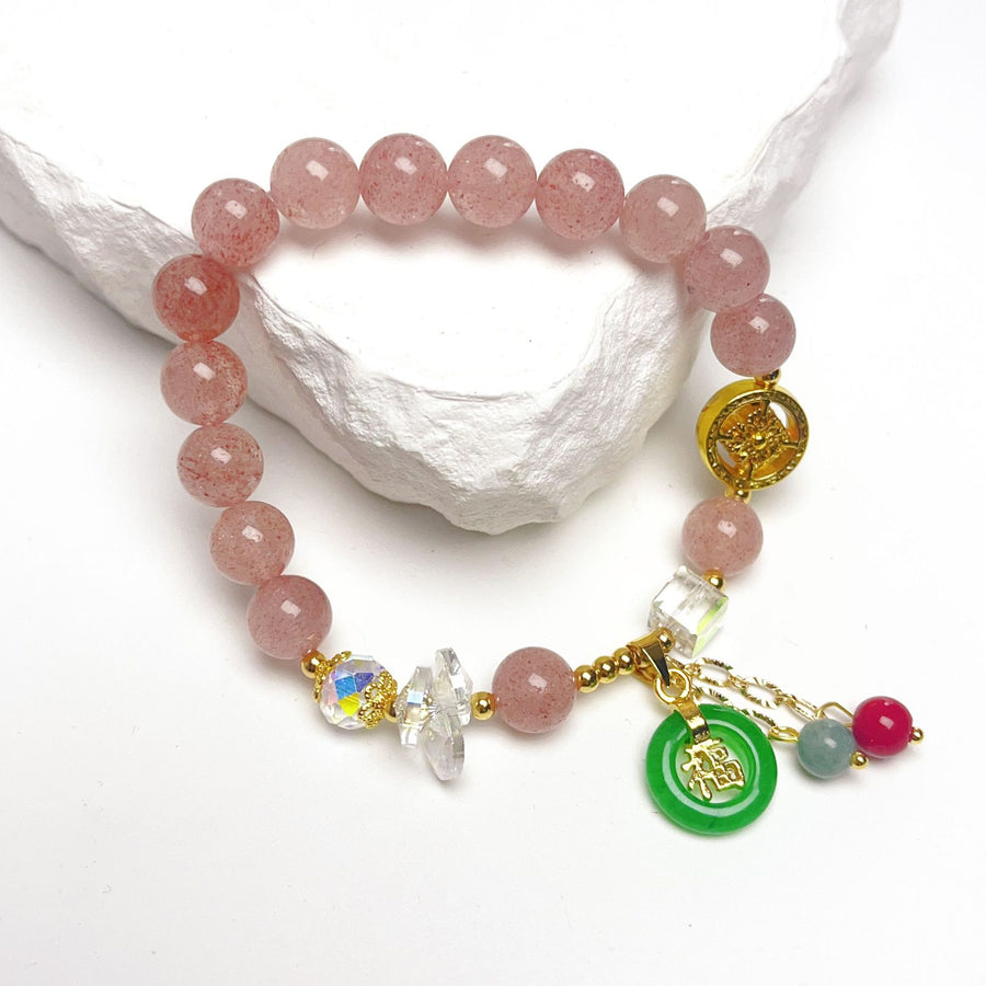 Strawberry Quartz and Jade Bracelet with Fortune Charm