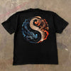 Black short sleeve t-shirt with a large dragon and tiger yin yang print on the back