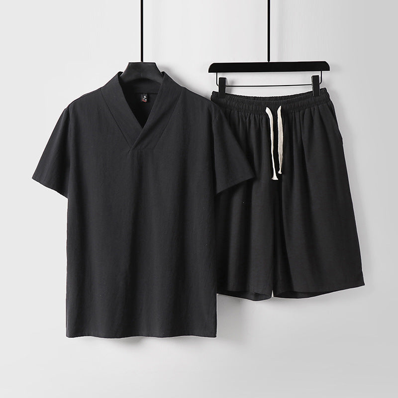Men's Cotton Linen T-Shirt and Shorts Set V-Neck Short Sleeve