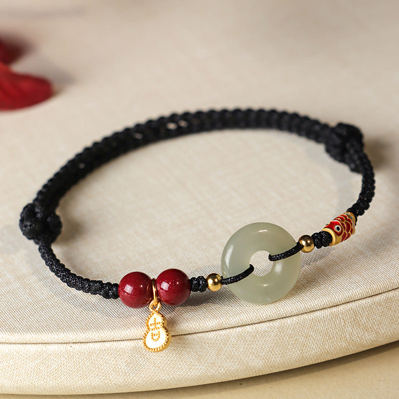 Jade Peace Buckle Bracelet with Cinnabar and Sterling Silver