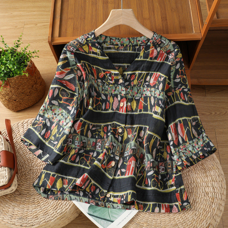 Women's Cotton V-Neck Printed Short Sleeve Shirt
