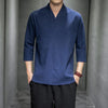 Men's Casual V-Neck Three Quarter Sleeve Shirt Linen Blend Top