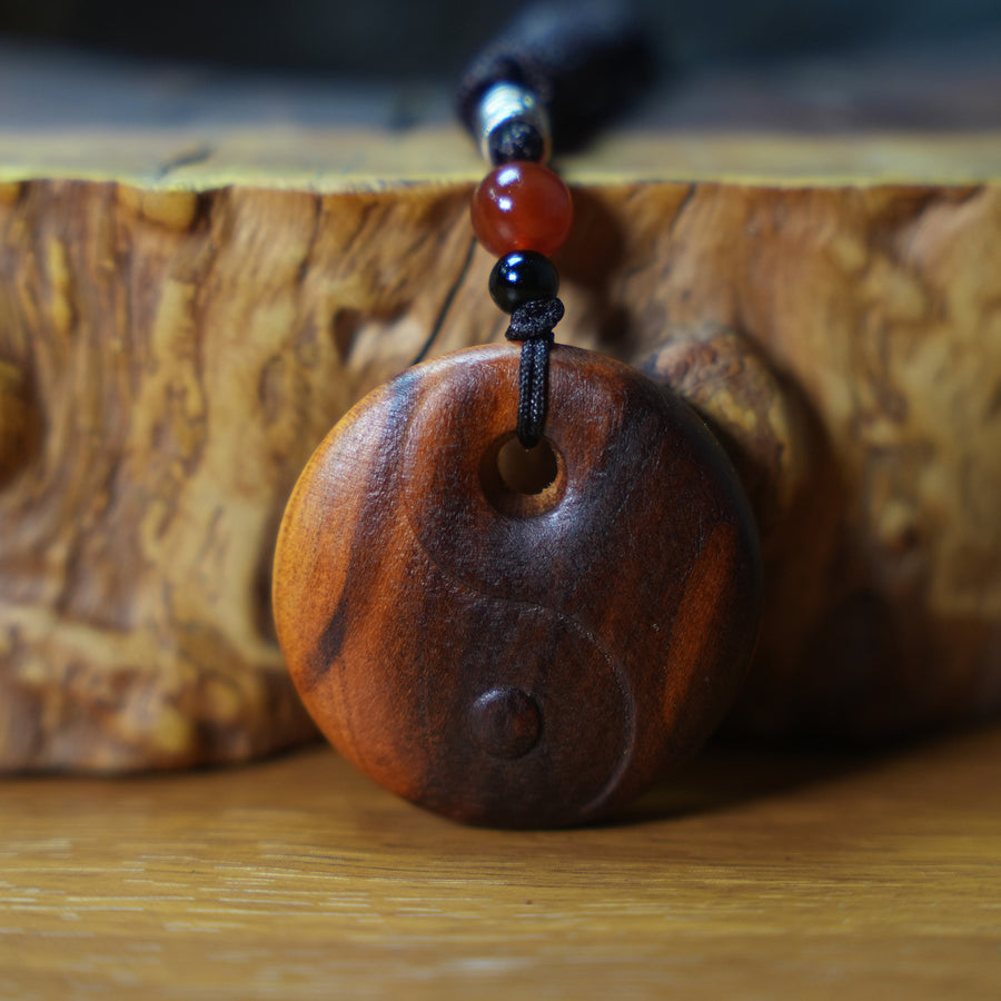 Yin Yang Wood Pendant Necklace, Hand Carved Jujube or Peach Wood