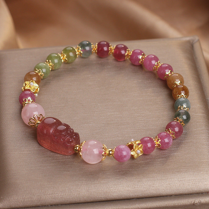 Pink Strawberry Quartz Pixiu bracelet with multicolor tourmaline beads and gold spacers