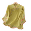 Women's Embroidered Flower Stand Collar Cotton Linen Shirt
