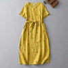 Women's Short Sleeve Polka Dot Linen Dress with Tie Waist