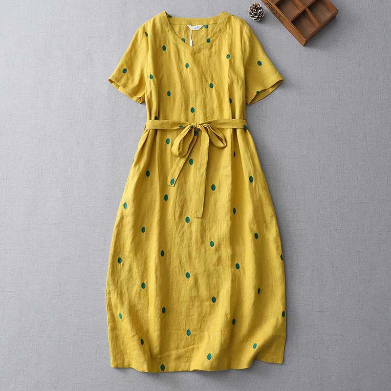 Women's Short Sleeve Polka Dot Linen Dress with Tie Waist