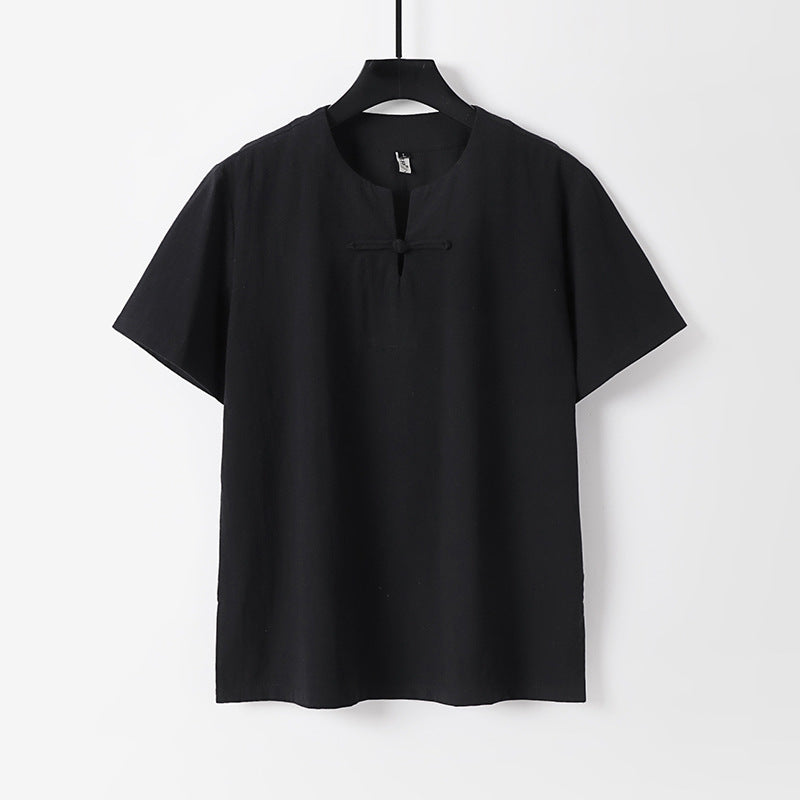 Men's Linen Blend V-Neck T-Shirt with Frog Button