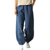 Model wearing navy blue loose fit ramie linen cotton pants with pockets