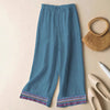 Women's Wide Leg Pants with Embroidered Hem, Cotton Linen