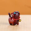 Carved Wood Cat Figurine with Bell - Cute Animal Desk Decoration