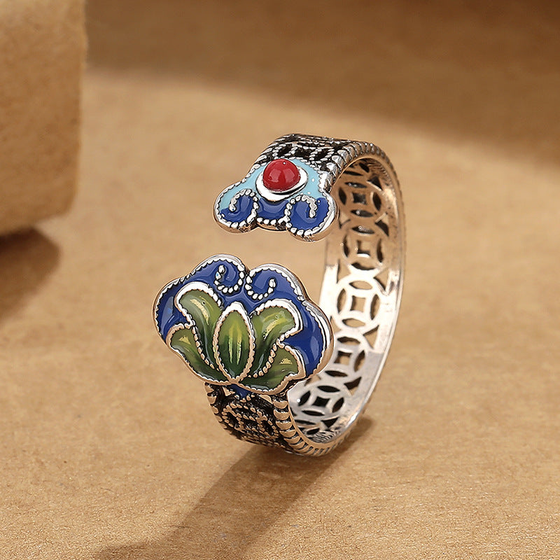 Antique finish copper ring with blue and green enamel lotus flower and ruyi charm