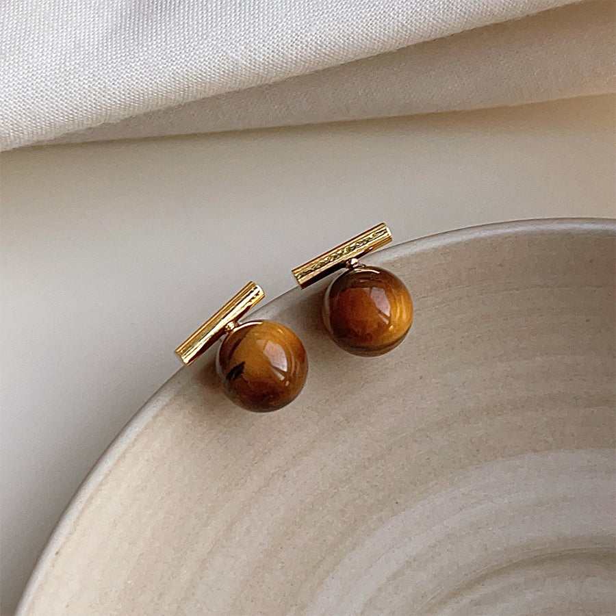 Tiger Eye Stud Earrings, Vintage Geometric Style