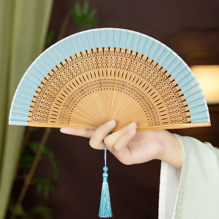 Mini Hollow Carved Bamboo Folding Fan with Tassel