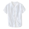 Men's Linen Short Sleeve Shirt with Stand Collar and Frog Buttons