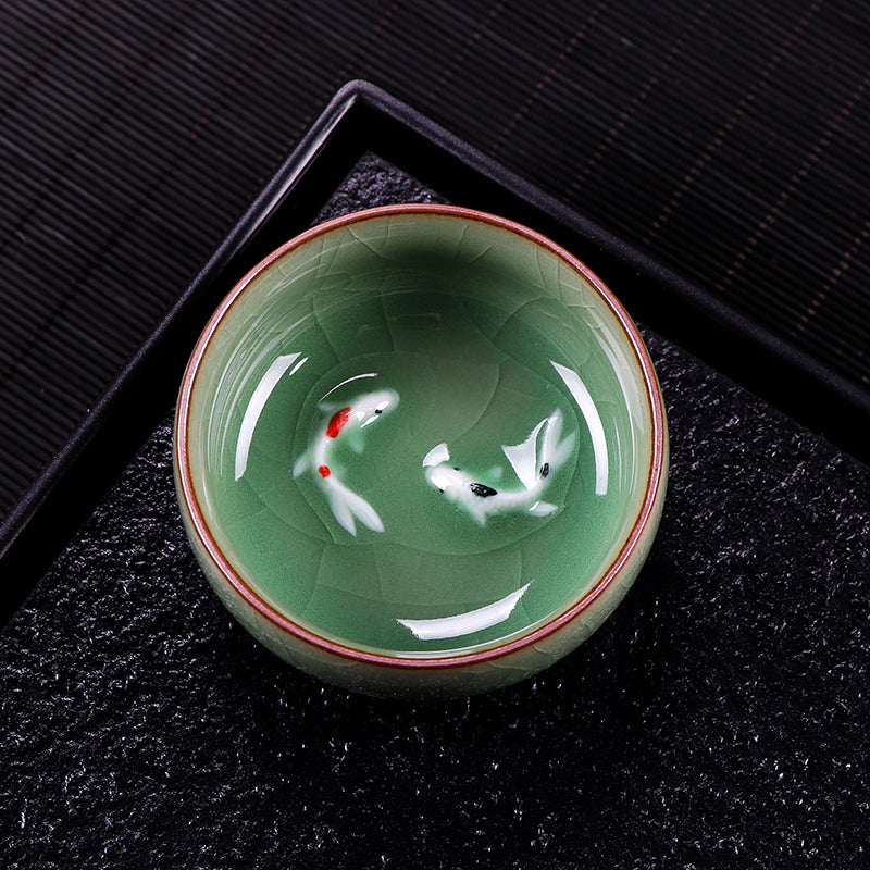Koi Fish Ceramic Teacup, Handmade Celadon Tea Bowl