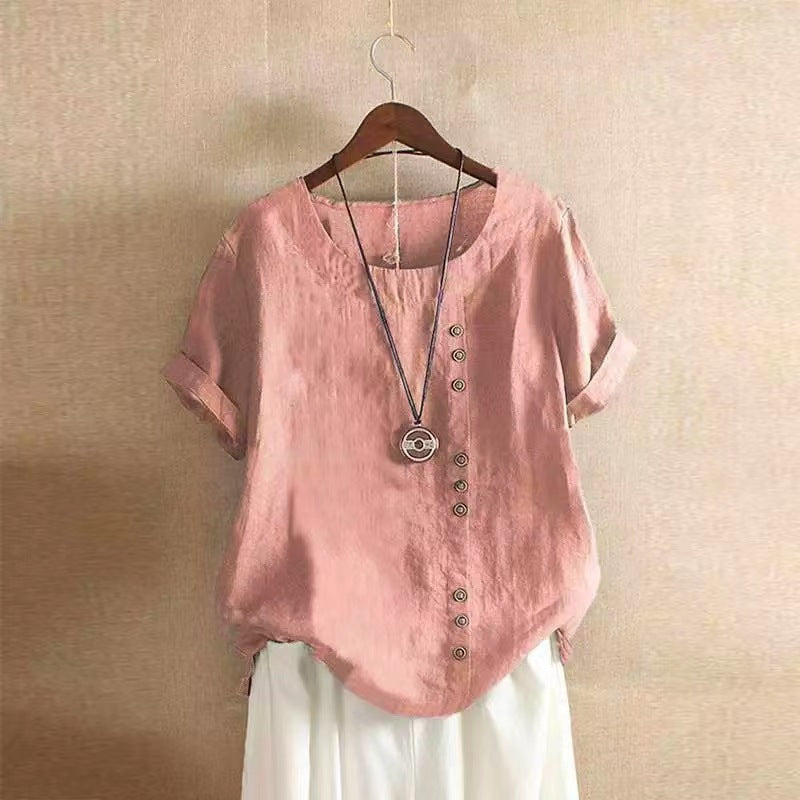 Women's Linen-Blend Short Sleeve T-Shirt with Buttons