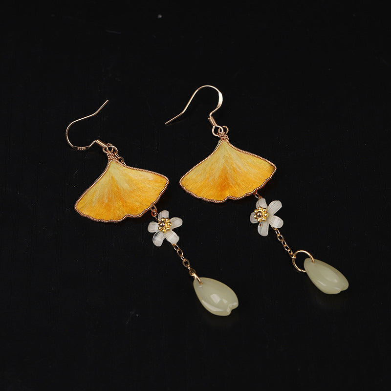 Handmade Ginkgo Leaf Dangle Earrings, Yellow Velvet Flower Design
