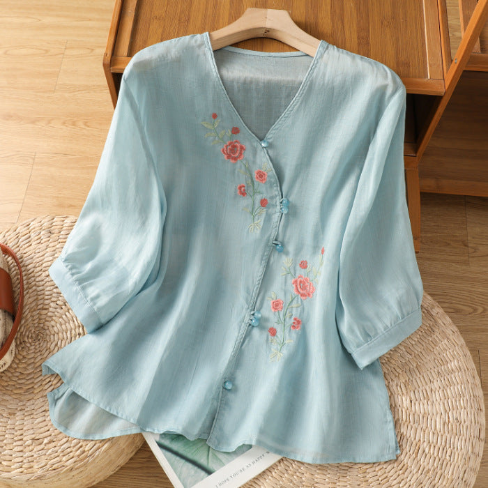 Embroidered Flowers Women's V-neck Shirt, Soft Satin Top