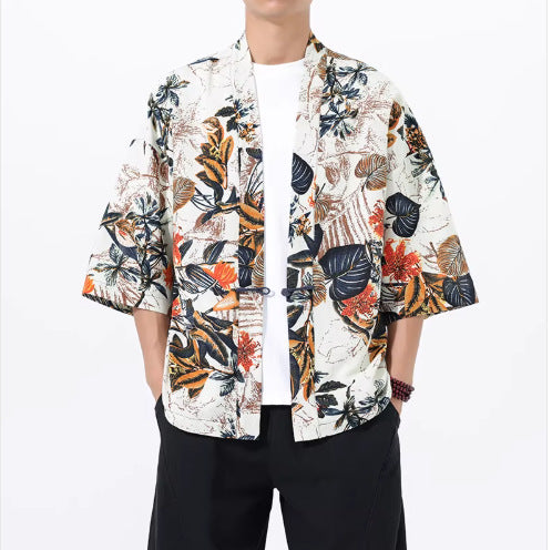 Men's Printed Open Front Kimono Jacket, Half Sleeve