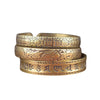 Stack of three antique brass open cuff bracelets with engraved Chinese characters and dragon designs