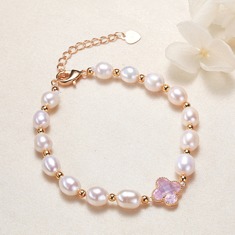 Pearl Four Leaf Clover Bracelet, Floral Chain Jewelry