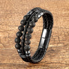 Men's Stone Bead Leather Bracelet, Stainless Steel Clasp