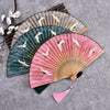 Vintage Handheld Folding Fan With Bamboo Frames And Crane Art