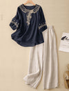 Embroidered Cotton Linen Top and Pants Set
