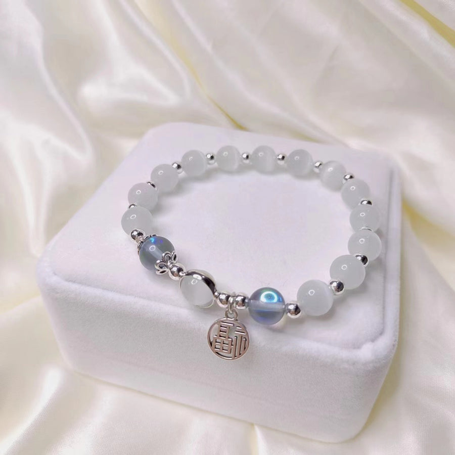 Cat's Eye and Aquamarine Bracelet with Fu Charm