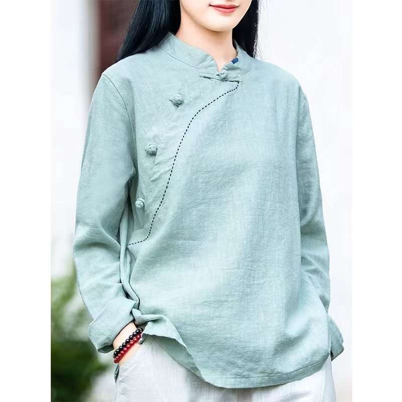 Women's Cotton Linen Oblique Collar Shirt with Knot Buttons