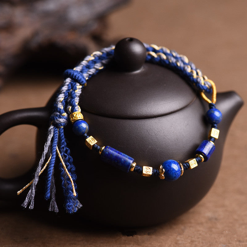 Handmade Lapis Lazuli Rope Bracelet Blue Stone Bead
