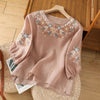 Cotton Linen Embroidered T-shirt Women's Crew Neck Three Quarter Sleeve Top