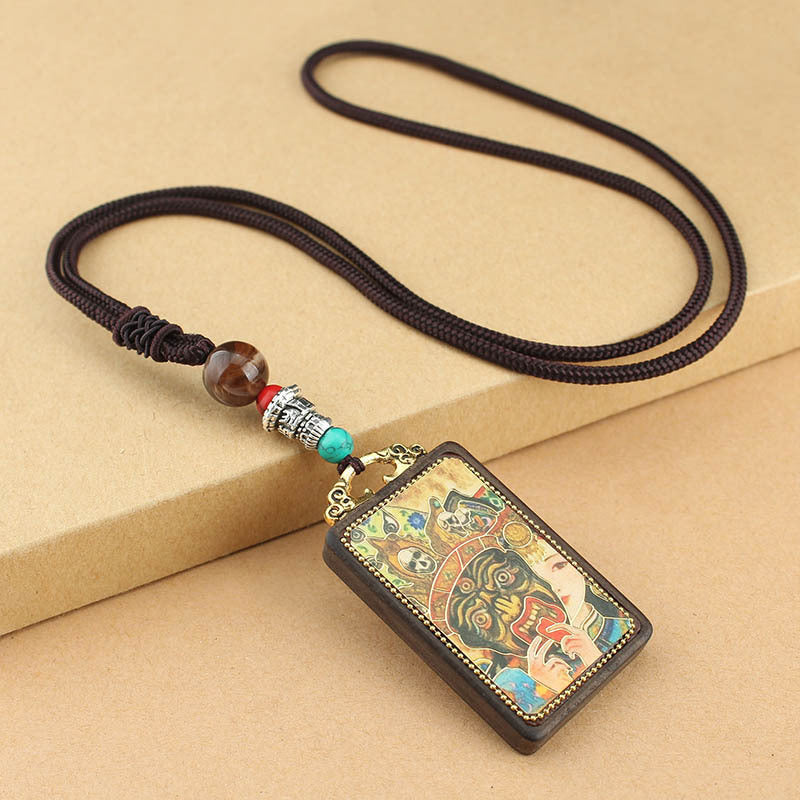 Tibetan Thangka Pendant Necklace, Handmade Ebony Wood