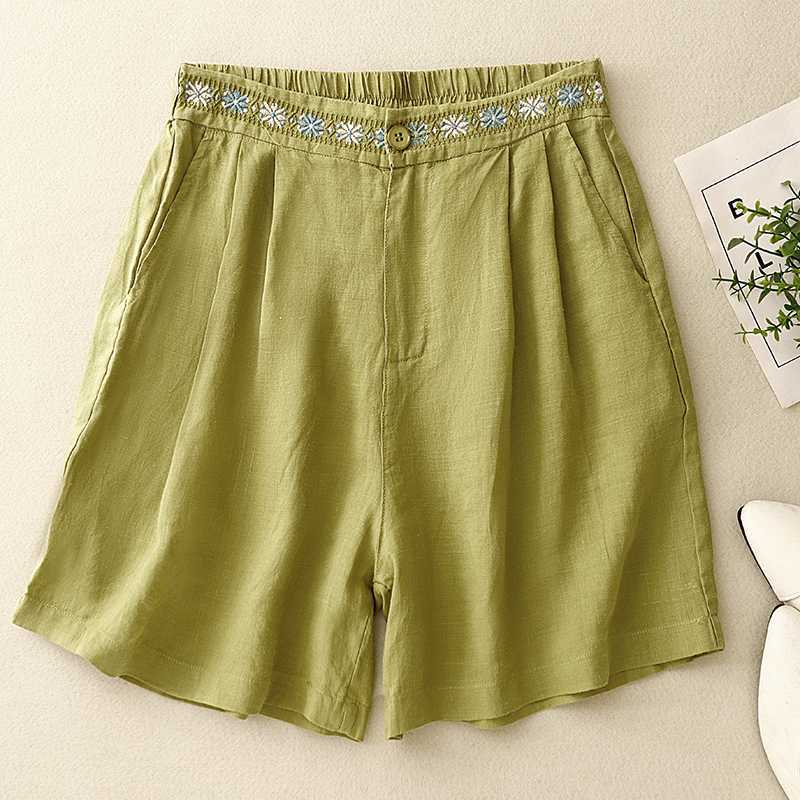 Embroidered Cotton Linen Shorts Women Summer Casual Wide Leg