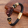 Pixiu Leather Bracelet with Gold-Tone Clasp and Mantra Beads