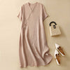Women's Cotton Linen Midi Dress V-Neck Short Sleeve
