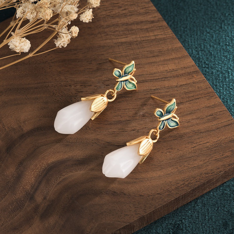 Magnolia Flower Jade Pattern Luck Prosperity Drop Dangle Earrings