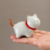 Ceramic Cat Tea Pet Figurine with Bell, Crackle Glaze