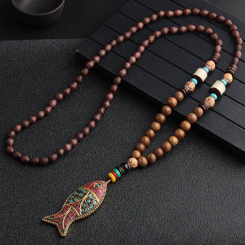 Nepalese Style Wooden Bead Long Necklace, 12 Pendant Styles