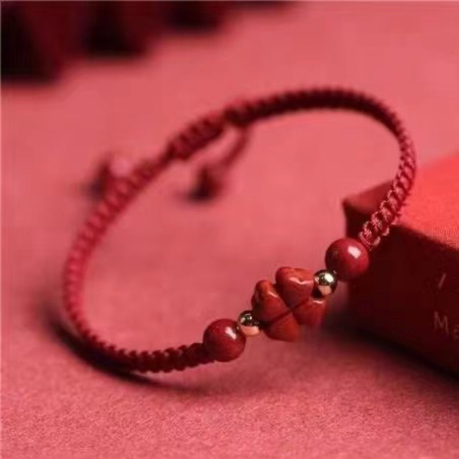 Cinnabar Red String Bracelet with Four Leaf Clover or Flower Charm