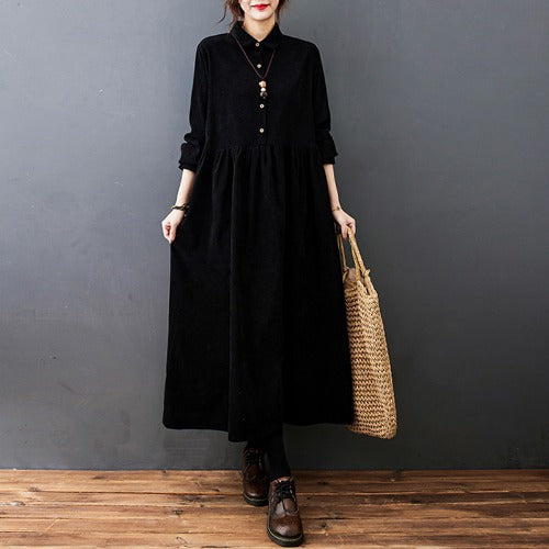 Fall Buttons Design Long Sleeve Corduroy Midi Dress With Pockets