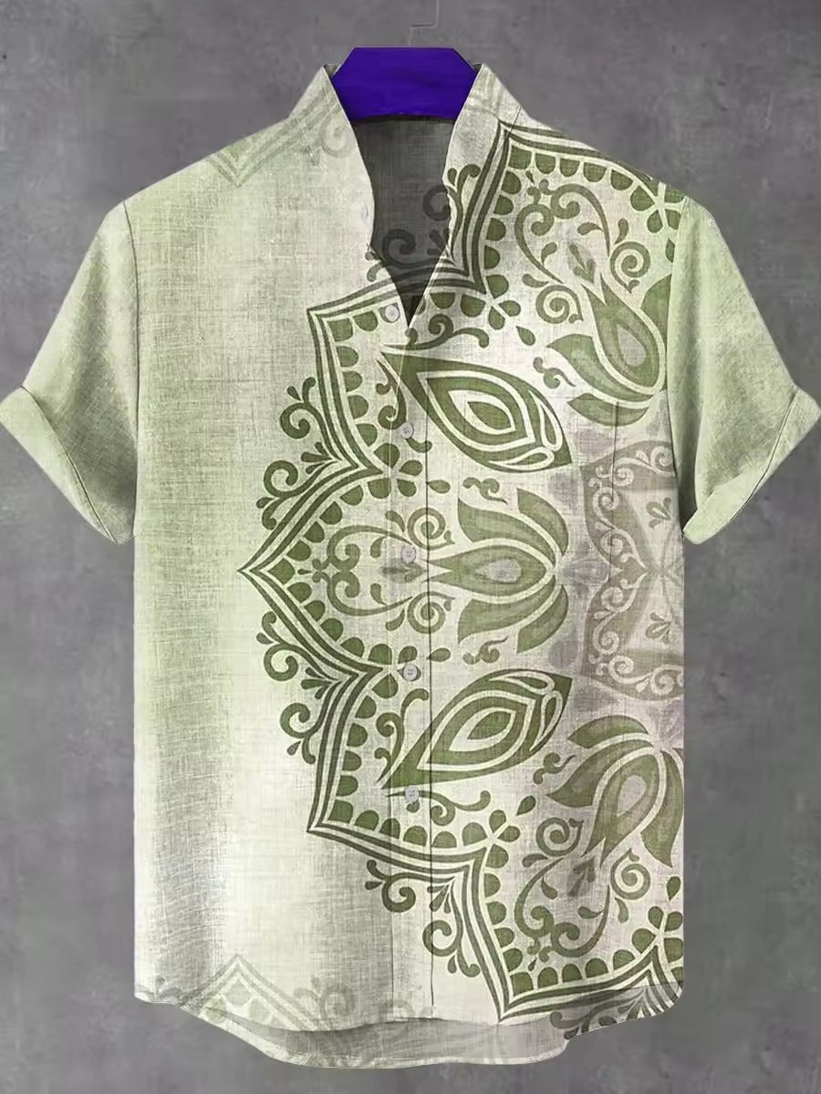 Men's Linen Short Sleeve Shirt with Mandala Print